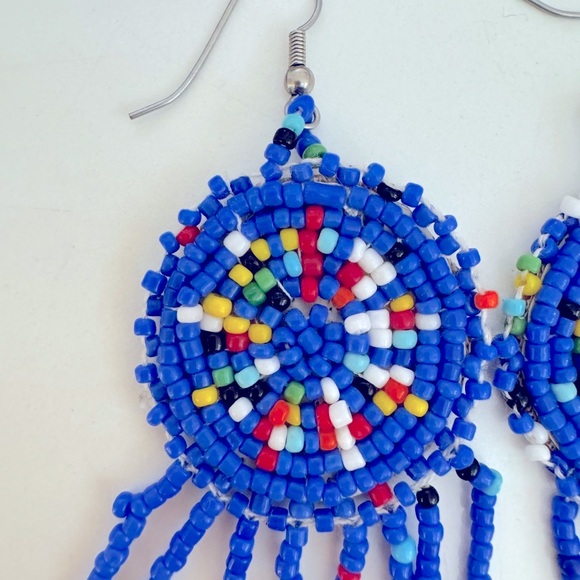 Boho Handmade Blue Beaded Chandelier Earrings Vintage - Picture 3 of 6